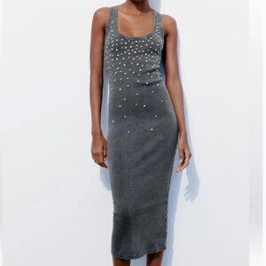 Zara Ribbed Gray Rhinestone Dress Size Medium
